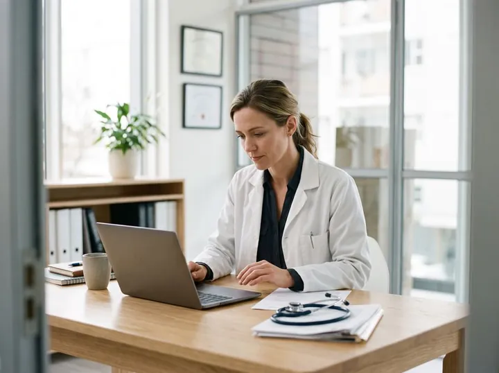 A doctor reviewing patient information on a laptop
