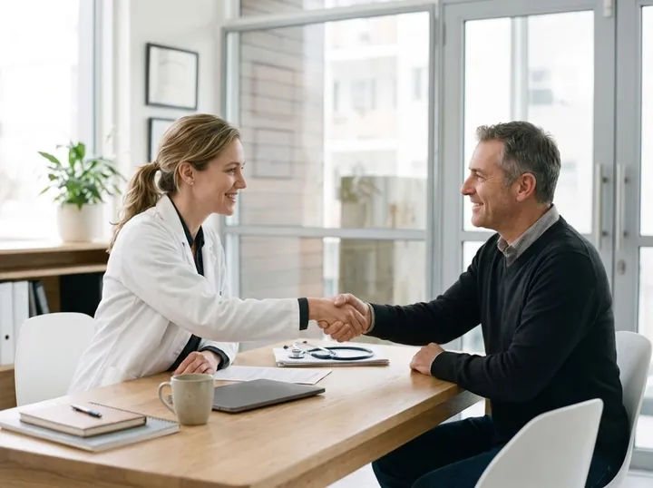 A doctor shaking hands with a patient at the start of a consultation