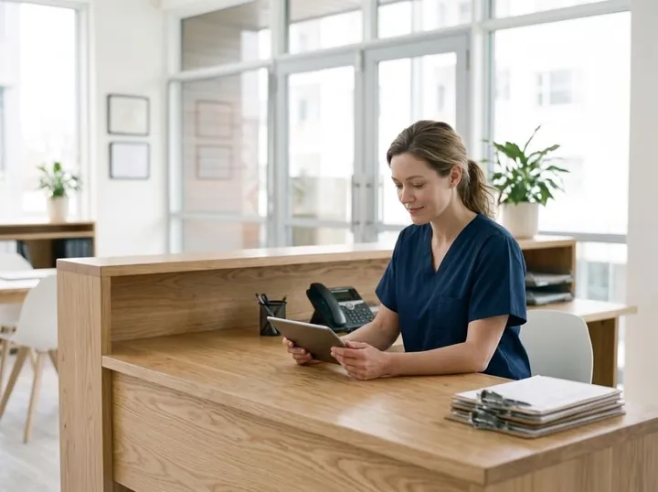 A clinic receptionist checking a tablet at the front desk