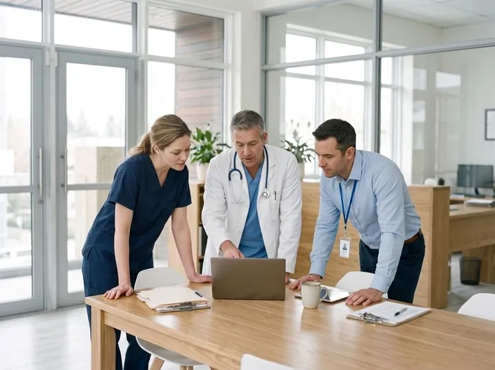 A clinic team reviewing a patient together around a laptop