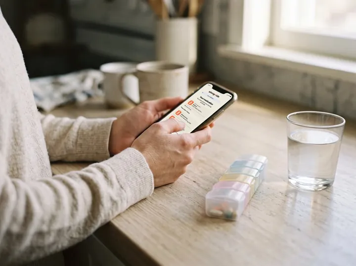 A patient checking her medication schedule in the app at the kitchen table