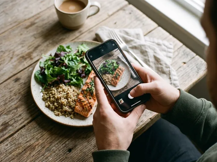 Taking a photo of a meal with a phone to log its nutrition