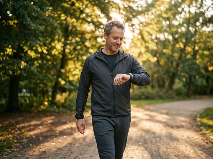 A man checking his smartwatch on a walk in the park