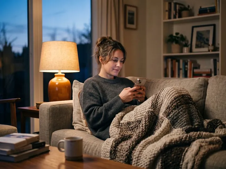 A woman on the sofa asking the AI coach a question on her phone